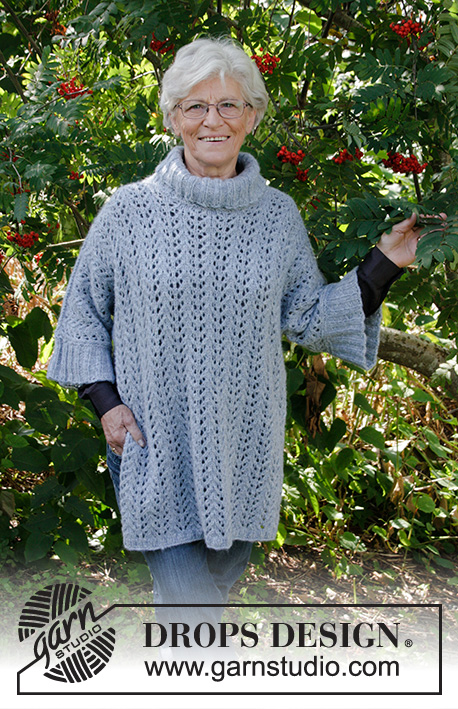Beach Breeze / DROPS 178-2 - Knitted jumper with lace pattern, turtle neck and split in DROPS Air. Sizes S - XXXL.