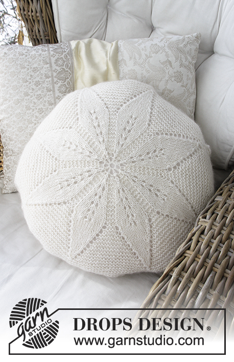 White Flower Pillow / DROPS 178-39 - Round cushion with lace pattern, worked in the round in DROPS Alpaca and DROPS Kid-Silk.