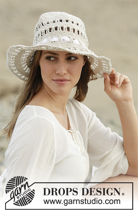 Sand Voyage / DROPS 178-41 - Hat with lace pattern, crochet top down in DROPS in Bomull-Lin or DROPS Paris. Size S - XL.