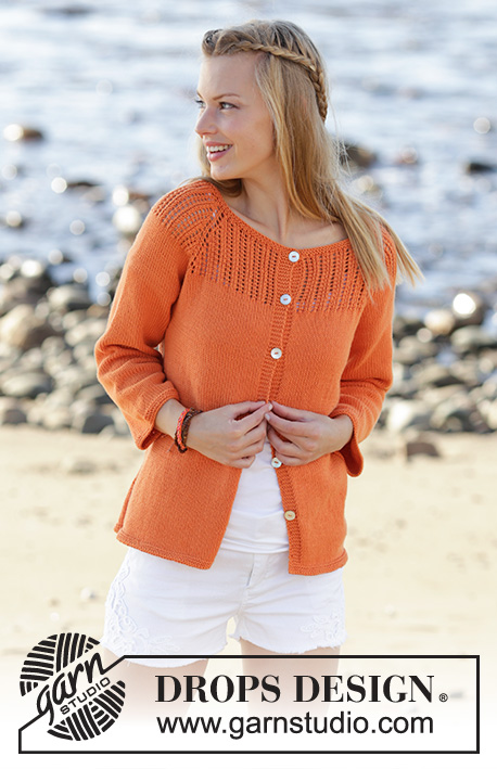 Orange Dream Cardigan / DROPS 178-43 - Jacket knitted top down with raglan, lace pattern on yoke, ¾ sleeves and A-shape in DROPS Safran. Size: S - XXXL