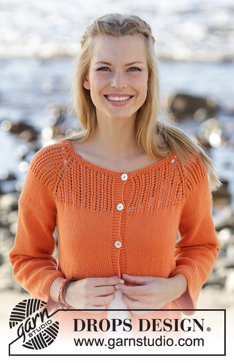 Orange Dream Cardigan / DROPS 178-43 - Jacket knitted top down with raglan, lace pattern on yoke, ¾ sleeves and A-shape in DROPS Safran. Size: S - XXXL