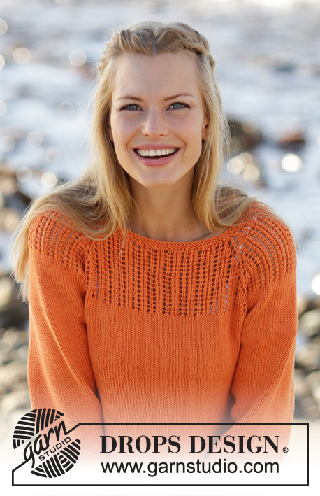 Orange Dream / DROPS 178-44 - Jumper knitted top down with raglan, lace pattern on yoke, ¾ sleeves and A-shape in DROPS Safran. Size: S - XXXL