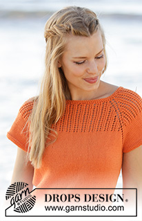 Orange Dream Top / DROPS 178-45 - Top knitted top down with raglan, lace pattern on yoke and A-shape in DROPS Safran. Size: S - XXXL