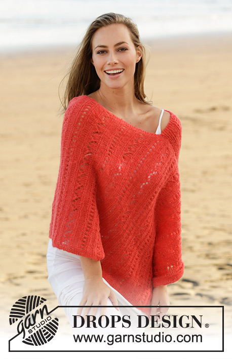 Playa Honda / DROPS 178-60 - Knitted poncho with lace pattern in borders in DROPS Brushed Alpaca Silk. Size: S - XXXL