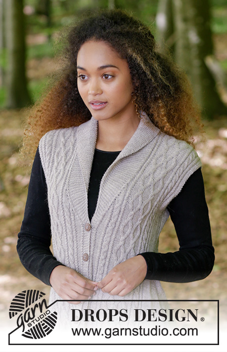 Morgan's Daughter Vest / DROPS 179-13 - Knitted vest with shawl collar, cables and A-shape, worked top down. Sizes S - XXXL.
The piece is worked in DROPS Flora.