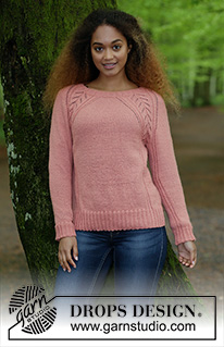 Für Elise / DROPS 179-23 - Raglánový pulovr s ažurovým vzorem a copánky pletený shora dolů z příze DROPS Flora. Velikost S - XXXL.