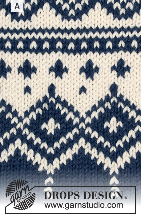 Perles du Nord / DROPS 180-2 - Komplet składa się ze: sweter z zaokrąglonym karczkiem, żakardem norweskim, w kształcie trapezu, przerabiany od góry do dołu. Od S do XXXL. Czapka z żakardem norweskim. 
Z włóczki DROPS Flora.