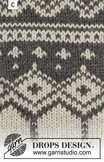 Perles du Nord / DROPS 180-2 - Komplet składa się ze: sweter z zaokrąglonym karczkiem, żakardem norweskim, w kształcie trapezu, przerabiany od góry do dołu. Od S do XXXL. Czapka z żakardem norweskim. 
Z włóczki DROPS Flora.