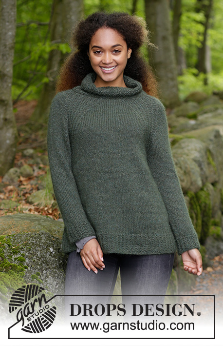 Woodland Walk / DROPS 183-12 - Knitted sweater with raglan, high collar and A-shape, knitted top down. Size: S - XXXL Piece is knitted in 1 strand DROPS Alpaca and 1 strand DROPS Kid-Silk.