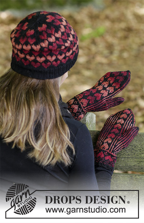 Queen of Hearts / DROPS 183-23 - Set consists of: Hat and mittens with hearts.
Piece is knitted in DROPS Fabel.