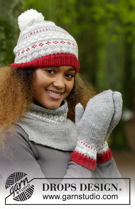 Narvik Set / DROPS 183-3 - The set consists of: Knitted hat, neck warmer and mittens with multi-coloured Norwegian pattern.
The set is worked in DROPS Karisma.