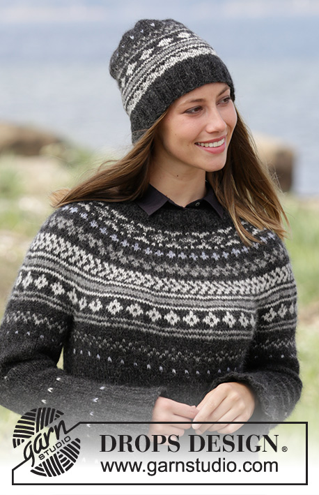 Night Shade / DROPS 184-26 - Set consists of: Sweater with round yoke and multi-colored Nordic pattern, worked top down. Hat with multi-colored Nordic pattern. Size: S - XXXL
Set is knitted in DROPS Air.