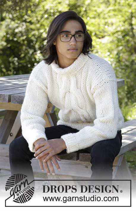 Cozy Weekend / DROPS 185-16 - Knitted sweater with cables and high collar for men. Size: S - XXXL
Piece is knitted in DROPS Snow.