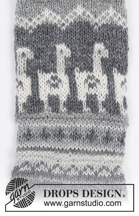 Lama Rama Socks / DROPS 185-19 - Męskie skarpetki na drutach, z żakardem w lamy / alpaki. Od 35 do 46.
Z włóczki DROPS Fabel.