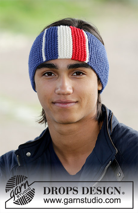 Heia! / DROPS 185-30 - Men’s knitted head band in garter stitch with flag in stripes. The piece is worked in DROPS Alaska.
