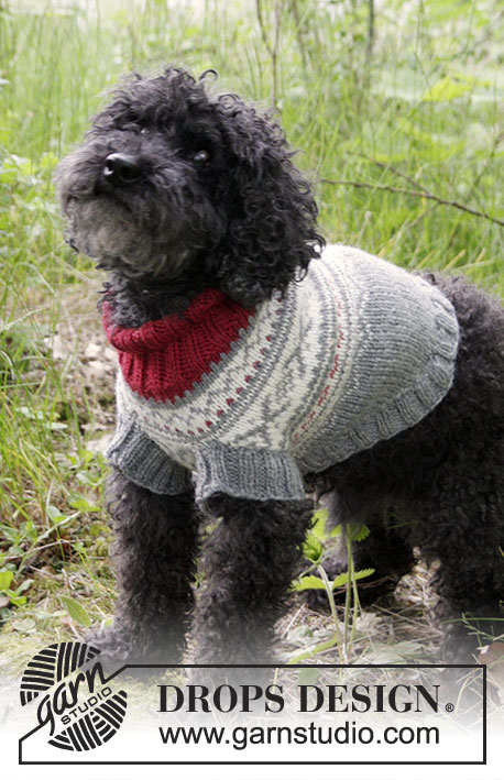 Narvik Woof / DROPS 185-34 - Dog’s knitted jumper with multi-coloured Nordic pattern. Sizes XS - M. The piece is worked in DROPS Merino Extra Fine.