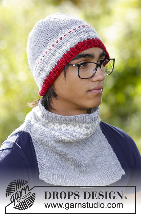 Narvik Set / DROPS 185-7 - The set consists of: Men’s knitted hat and neck warmer with multi-coloured Nordic pattern.
The set is worked in DROPS Merino Extra Fine.