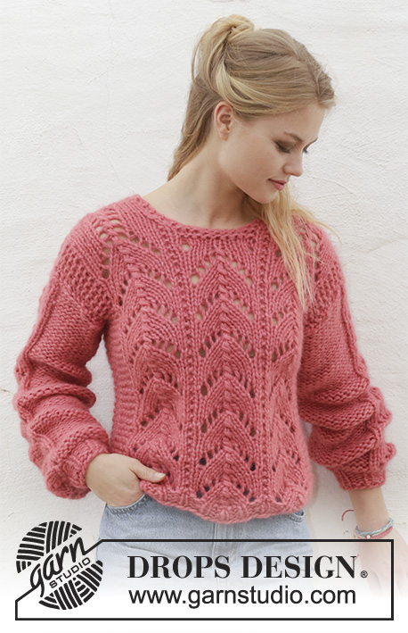 Blushing Beauty / DROPS 186-1 - Knitted jumper with lace pattern. Sizes S - XXXL. The piece is worked in 2 strands DROPS Air or you can use 2 strands DROPS Brushed Alpaca Silk.