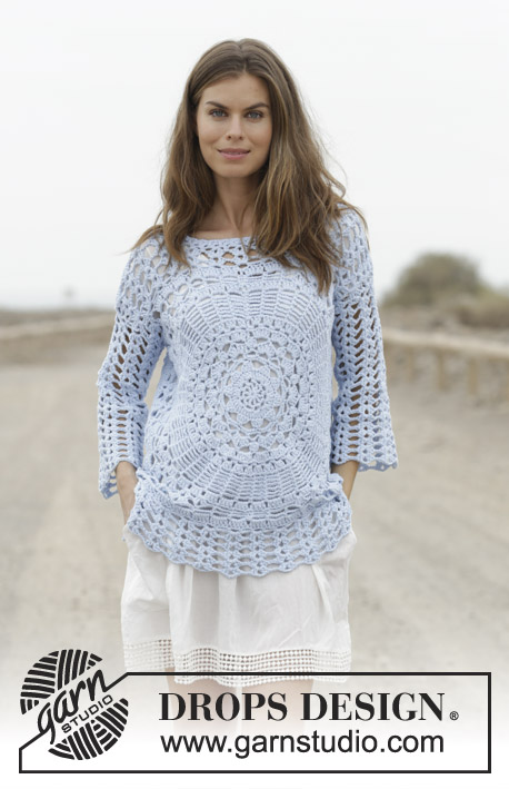 Roulette / DROPS 186-25 - Crocheted jumper with lace pattern, worked from the middle outwards. Sizes S - XXXL. The piece is worked in DROPS Paris.