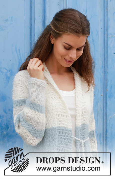 Greek Melody / DROPS 186-39 - Knitted jacket with stripes, lace pattern and shawl collar. Size: S - XXXL Piece can be worked in 2 strands DROPS Brushed Alpaca Silk or 1 strand DROPS Melody.