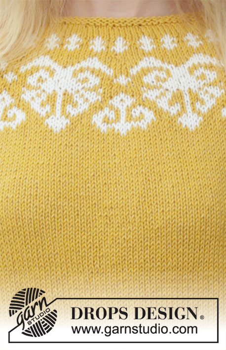 Golden Heart / DROPS 187-12 - Gebreide trui met ronde pas, veelkleurig Scandinavisch patroon en ¾-lengte mouwen, van boven naar beneden gebreid. Maten S - XXXL. Het werk wordt gebreid in DROPS Merino Extra Fine.