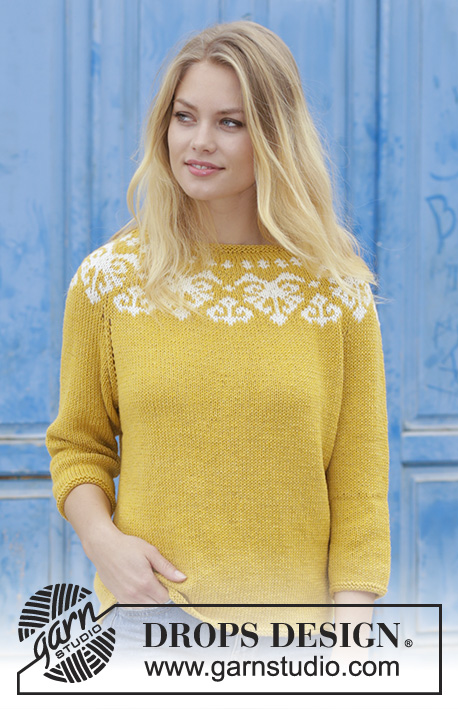 Golden Heart / DROPS 187-12 - Knitted jumper with round yoke, multi-coloured Norwegian pattern and ¾-length sleeves, worked top down. Sizes S - XXXL. The piece is worked in DROPS Merino Extra Fine.