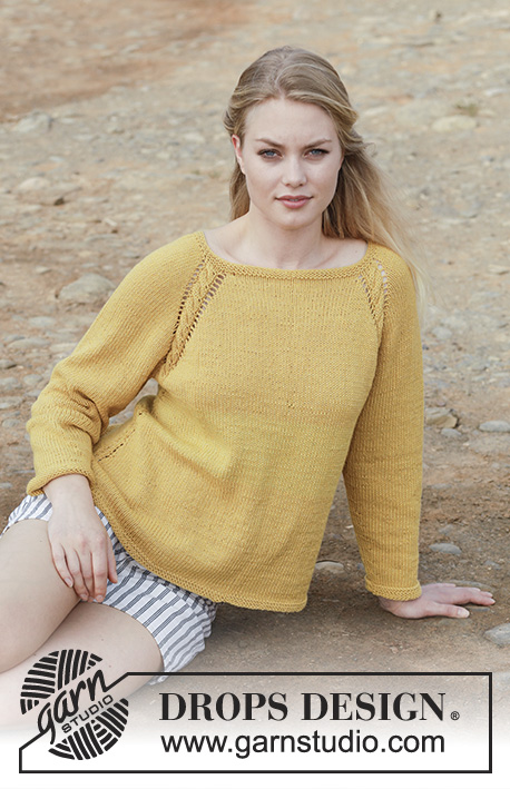 Golden Girl / DROPS 187-25 - Jumper with cables, lace pattern, raglan and A-shape, knitted top down. Size: S - XXXL Piece is knitted in DROPS Merino Extra Fine.