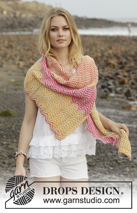 Sunrise Hues / DROPS 187-26 - Knitted shawl with zigzag pattern and stripes. The piece is worked in DROPS Alpaca.