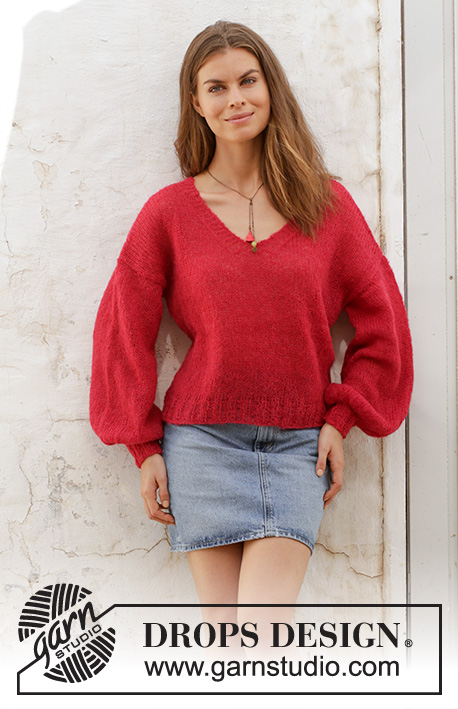 Flamenco / DROPS 187-6 - Knitted shaped jumper with V-neck. Sizes S - XXXL. The piece is worked in DROPS Brushed Alpaca Silk.