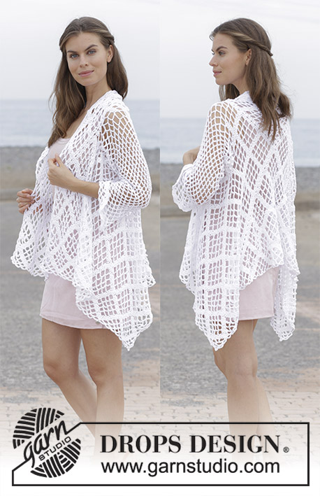 White Shore / DROPS 187-7 - Crochet jacket with lace pattern, worked in a square from mid back outwards. Sizes S - XXXL. The piece is worked in DROPS Belle.