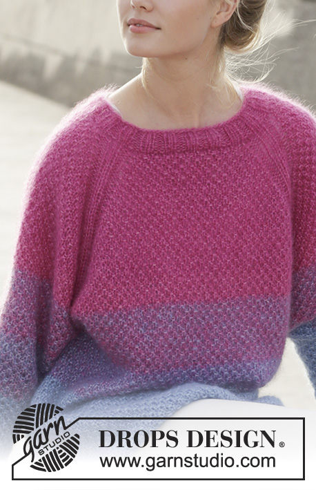 Blackberry Crush / DROPS 187-9 - Knitted jumper with raglan, stripes and moss stitch (double vertically), worked top down. Size: S - XXXL Piece is knitted in 3 strands DROPS Kid-Silk.