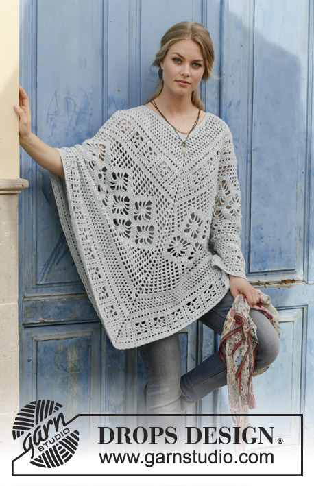 Cressida / DROPS 188-27 - Crocheted poncho with lace pattern, worked top down. Size: S - XXXL Piece is crocheted in DROPS Paris.