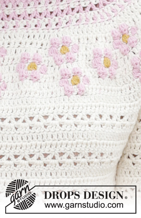 Petite Fleur Cardigan / DROPS 188-7 - Casaco crochetado de cima para baixo com jacquard, flores, encaixe arredondado, e mangas 3/4, em DROPS Cotton Merino. Do S ao XXXL