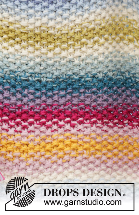 Jalisco / DROPS 189-1 - Strikket tæppe med perlestrik, regnbue striber og frynser. Arbejdet er strikket i 2 tråde DROPS Snow
