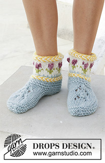 Spring Buds / DROPS 189-34 - Ponožky – papučky s litevským copánkem a norským vzorem pletené z příze DROPS Snow. Velikost 35 - 43.