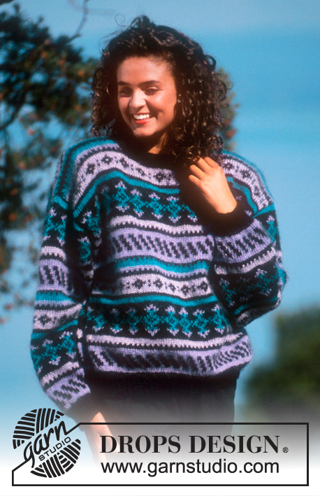 DROPS 19-7 - Sweter na drutach, z żakardem, z włóczki DROPS Kid Mohair. Od S do L.