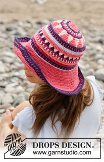 Bazar Hat / DROPS 190-19 - Virkad hatt med flerfärgat mönster. Arbetet är virkat i DROPS Paris