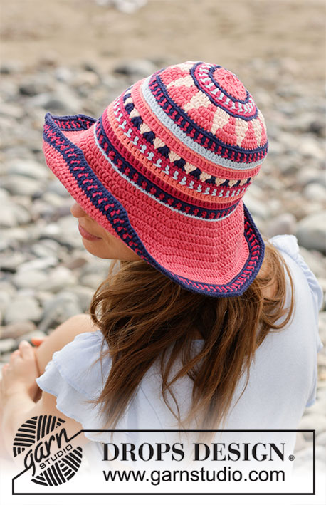 Bazar Hat / DROPS 190-19 - Virkad hatt med flerfärgat mönster. Arbetet är virkat i DROPS Paris