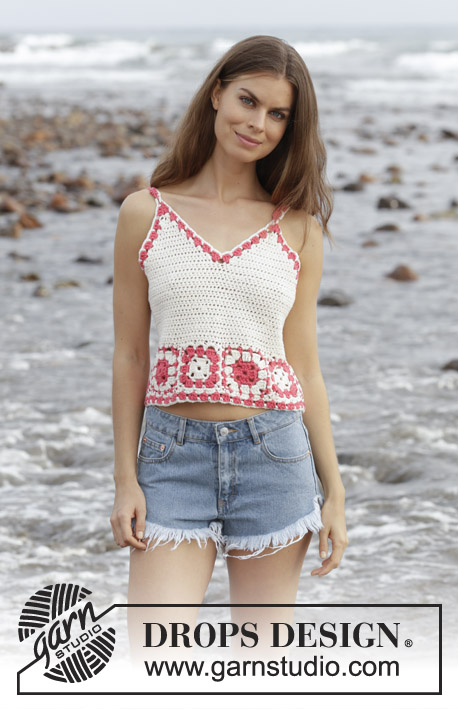 Bohème Beach / DROPS 190-5 - Crocheted top with granny squares and crocheted edges. Sizes S - XXXL. The piece is worked in DROPS Paris.