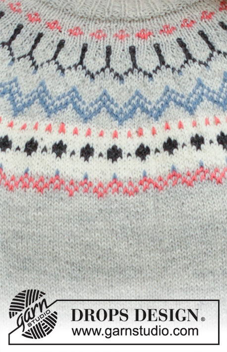 Mina / DROPS 191-17 - Top tricoté de haut en bas, avec empiècement arrondi, jacquard norvégien et forme trapèze, en DROPS Nord. Du S au XXXL