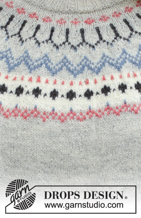 Mina Pullover / DROPS 191-22 - Genser med rundfelling, flerfarget norsk mønster og A-fasong, strikket ovenfra og ned. Størrelse S - XXXL. Arbeidet er strikket i DROPS Flora