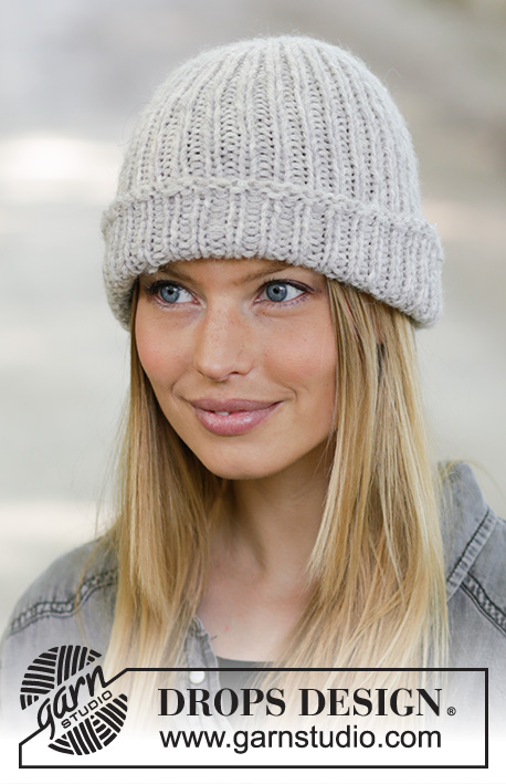 Warm Whish / DROPS 192-7 - Knitted hipster hat with fold in 2 strand DROPS Sky. Piece is knitted in rib.