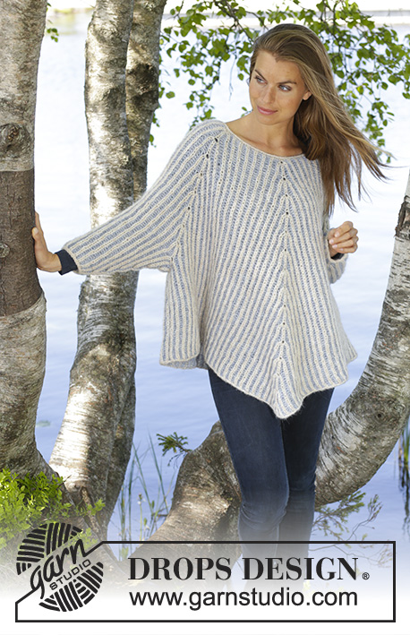 Sea Air / DROPS 194-13 - Knitted poncho jumper with raglan in DROPS Air. The piece is worked top down with English rib in two colours. Sizes S - XXXL.