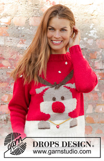 Red Nose Jumper / DROPS 194-38 - Sweter / sweter świąteczny na drutach, przerabiany od góry do dołu z włóczki DROPS Nepal, z reglanowymi rękawami i żakardem z reniferem. Od S do XXXL. 
Temat: Boże Narodzenie.