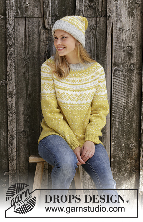 Lemon Pie / DROPS 195-10 - Knitted jumper in DROPS Karisma. Piece is knitted top down with round yoke and Nordic pattern. Size: S - XXXL
Knitted hat in DROPS Karisma. Piece is knitted with Nordic pattern fold in rib.