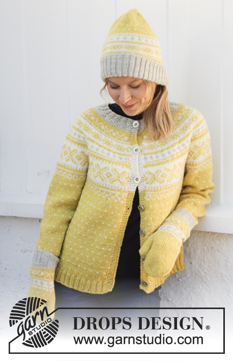 Lemon Pie Set / DROPS 195-12 - Knitted hat in DROPS Karisma. Piece is knitted with Nordic pattern fold in rib.
Knitted mittens in DROPS Karisma. Piece is knitted with Norwegian pattern.