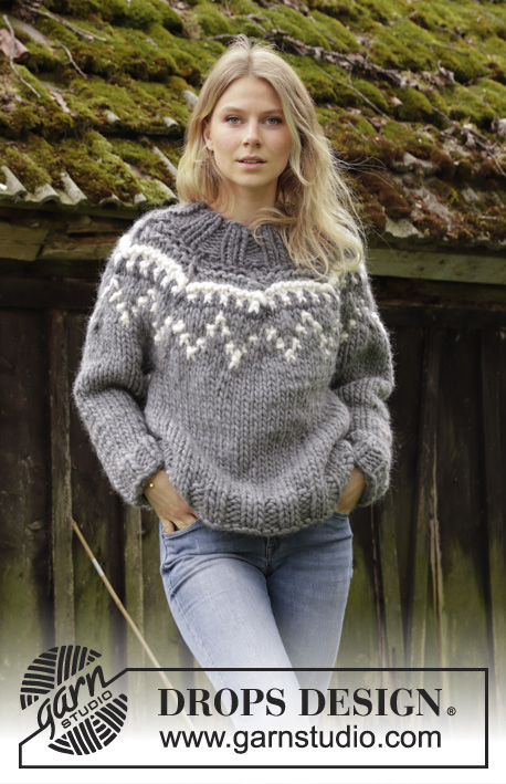 Sira / DROPS 195-21 - Knitted jumper with round yoke in DROPS Polaris. Piece is knitted top down with high collar and Nordic pattern in moss stitch. Size: S - XXXL