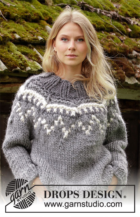 Sira / DROPS 195-21 - Knitted jumper with round yoke in DROPS Polaris. Piece is knitted top down with high collar and Nordic pattern in moss stitch. Size: S - XXXL