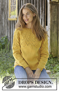 Golden Fairy / DROPS 195-22 - Sweter na drutach z włóczki DROPS Lima lub DROPS Cotton Merino. Z zaokrąglonym karczkiem i ściegiem ażurowym. Od S do XXXL.