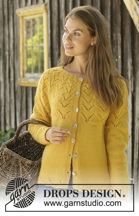 Golden Fairy Cardigan / DROPS 195-23 - Sweter na drutach z włóczki DROPS Cotton Merino lub DROPS Lima, z zaokrąglonym karczkiem i ściegiem ażurowym. Od S do XXXL.
